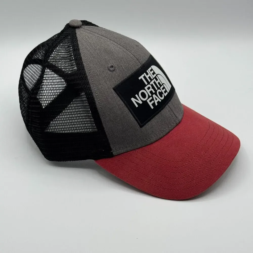 The North Face Embroidered Patch Trucker Snapback Hat Red Grey Black Adjustable